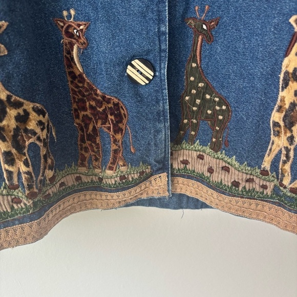 New Directions Denim Jacket Embroidered Safari Animals Giraffe Elephant Palm